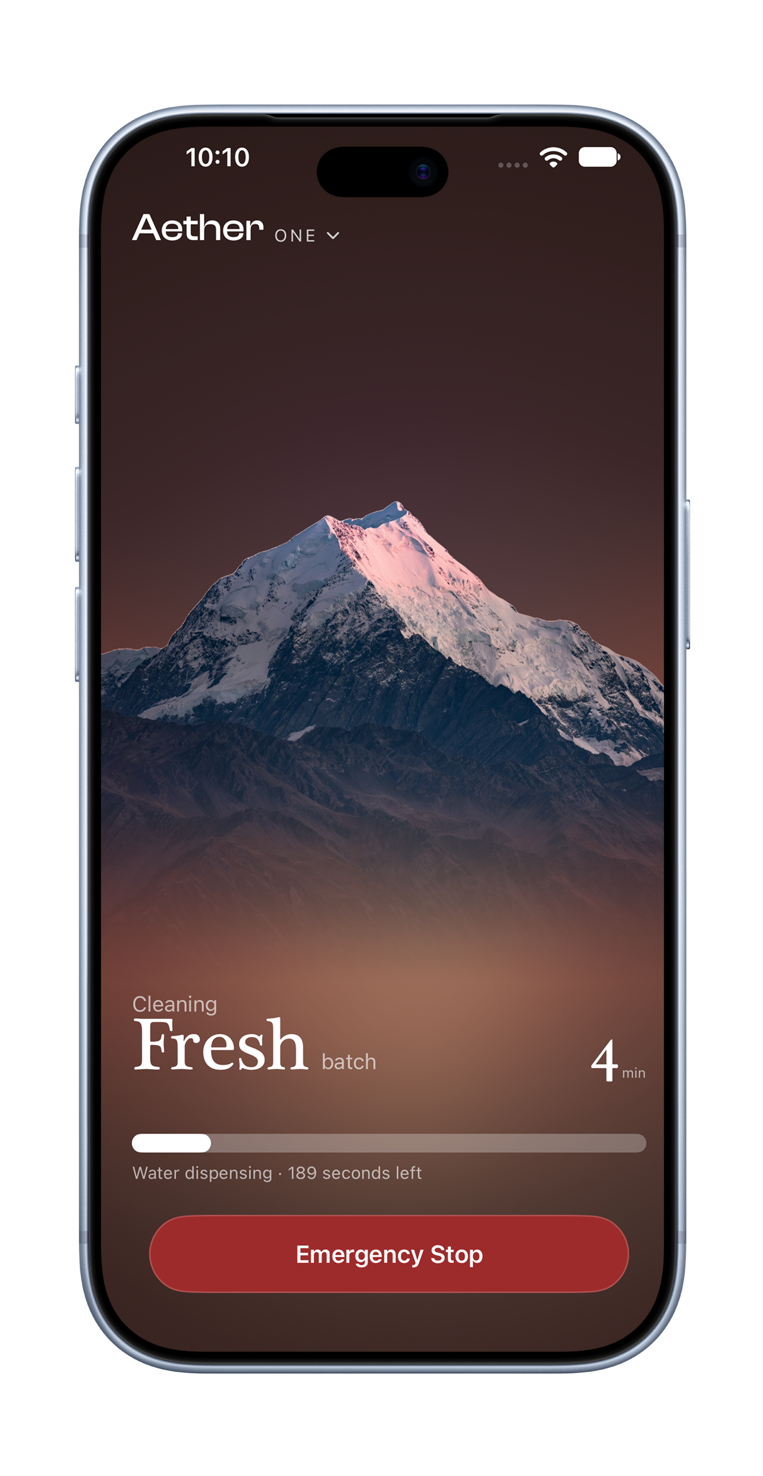 Aether app cleaning a fresh batch, four minutes left